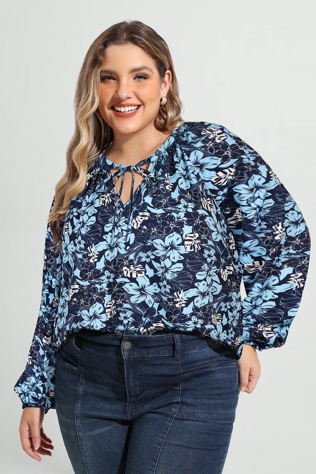 Ritera Vibrant Floral Tie-Neck Long Sleeve Blouse