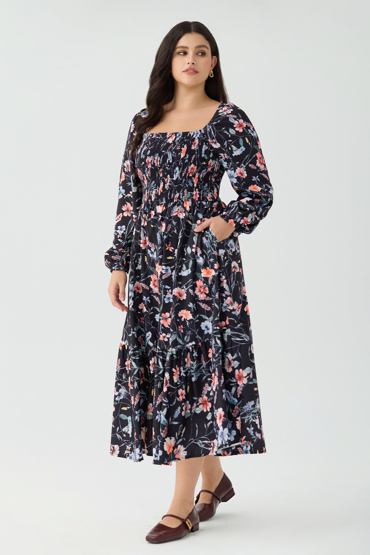 Ritera Pockets Floral Tiered Flowy Smocked Midi Dress