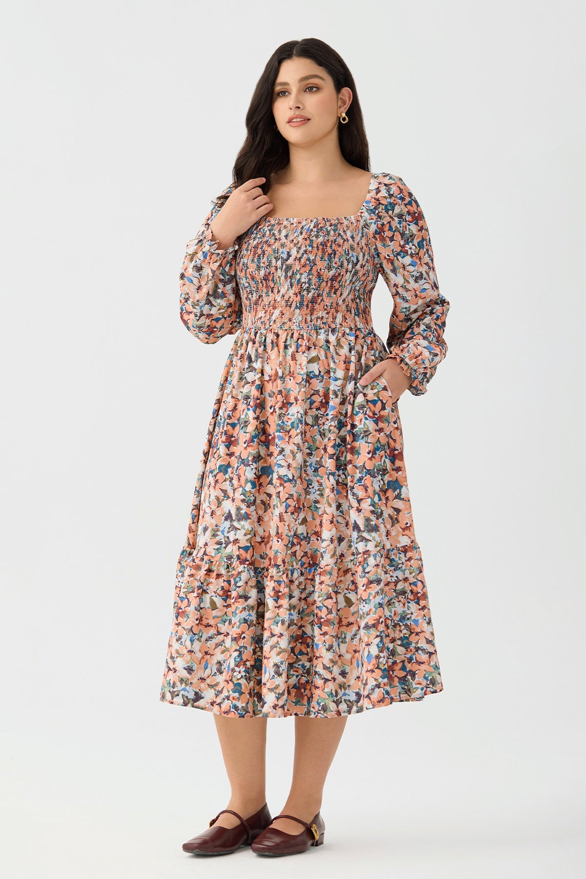Ritera Pockets Floral Tiered Flowy Smocked Midi Dress