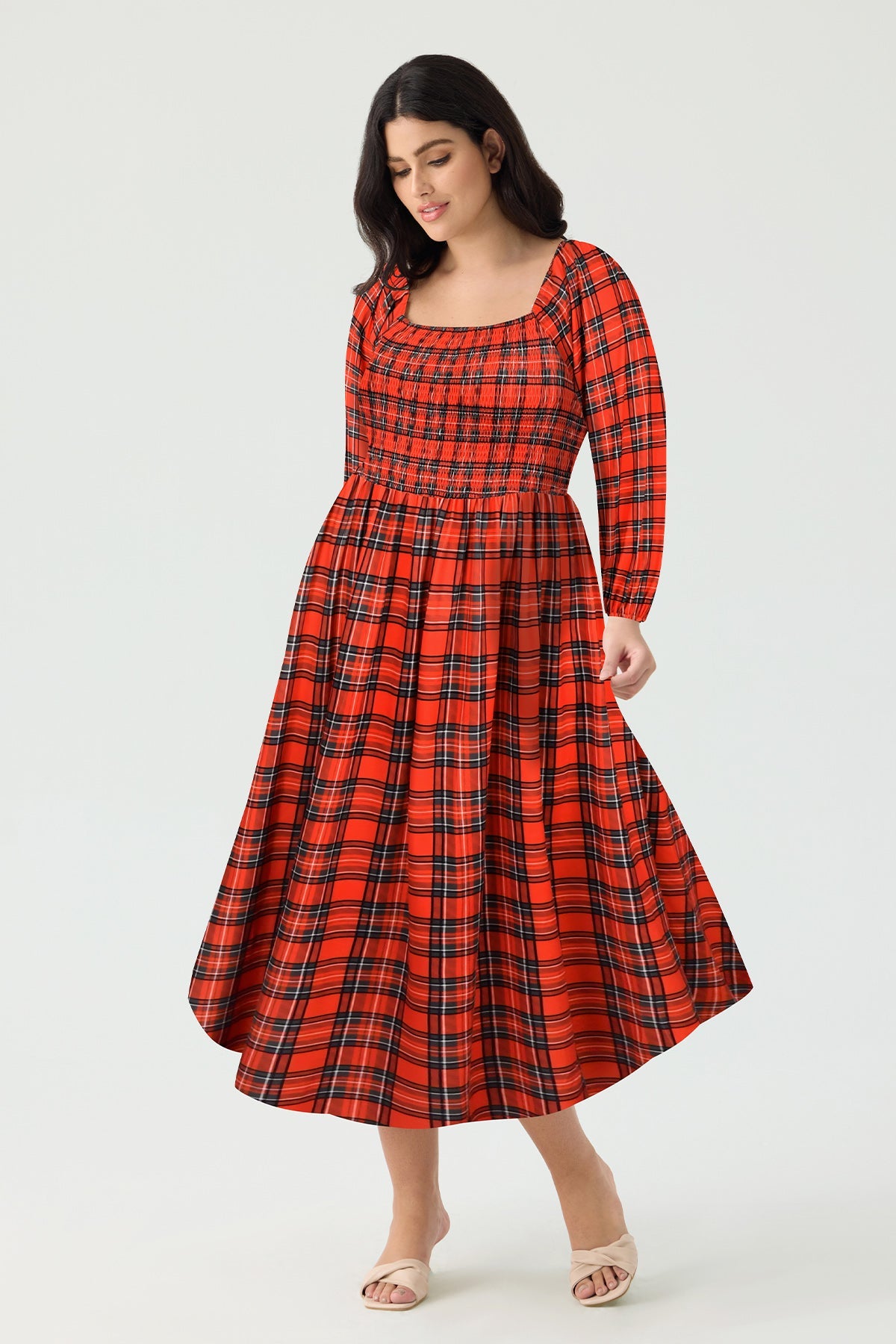 Ritera Pockets Plaid Smocked Long Sleeve Midi Dress