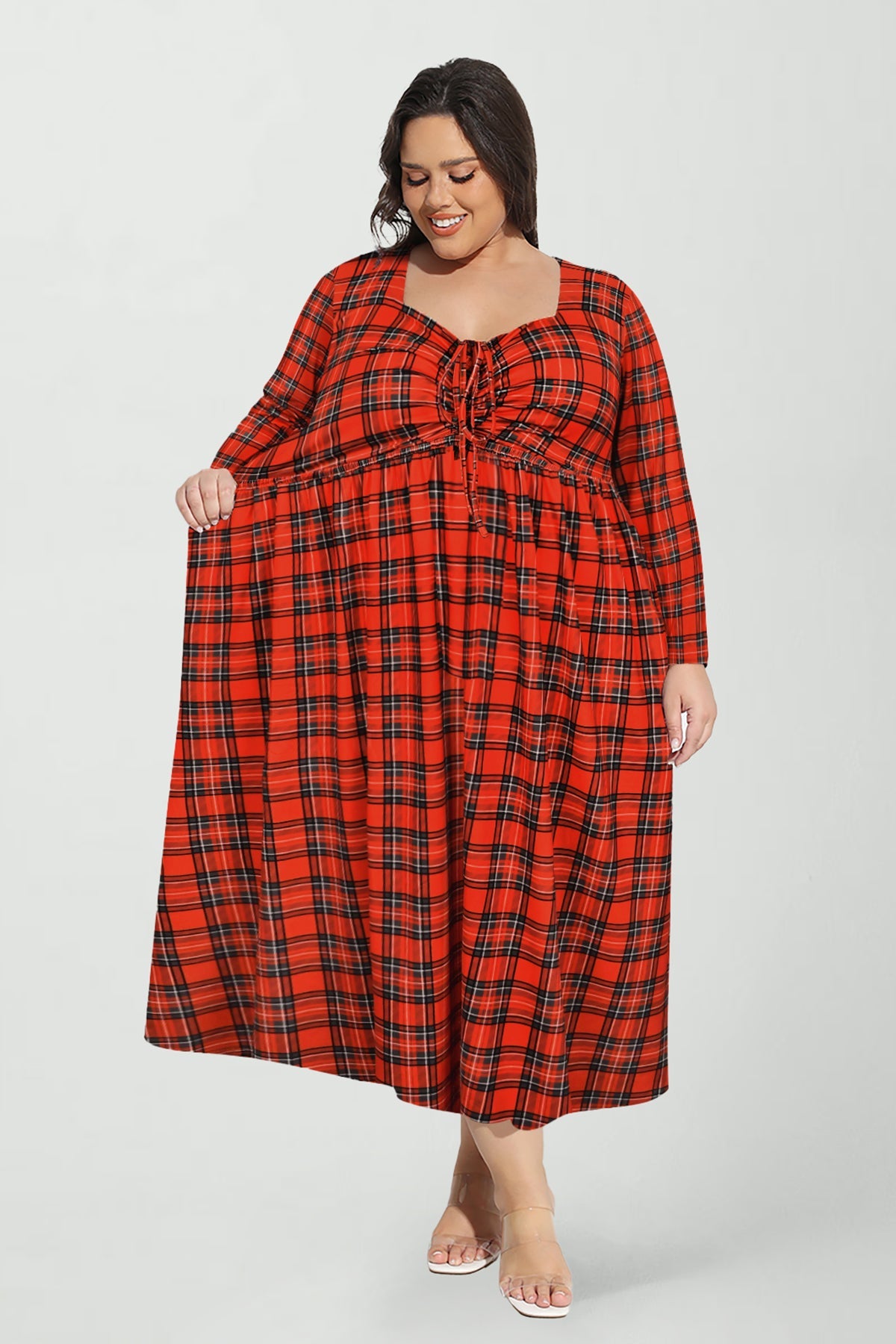 Ritera Pockets Plaid Print Sweetheart Tie-Front Midi Dress