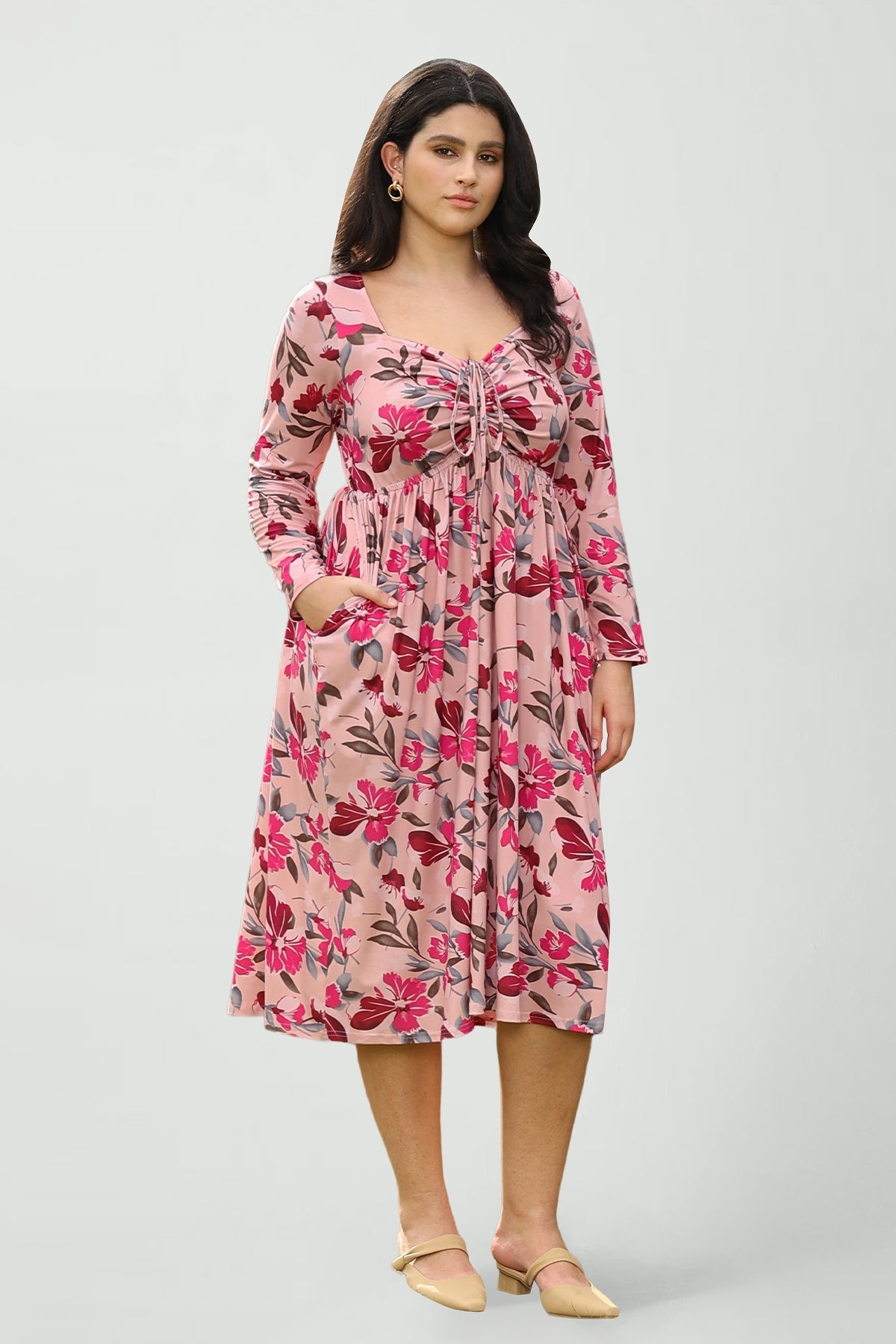 Ritera Pockets Floral Print Sweetheart Tie-Front Midi Dress