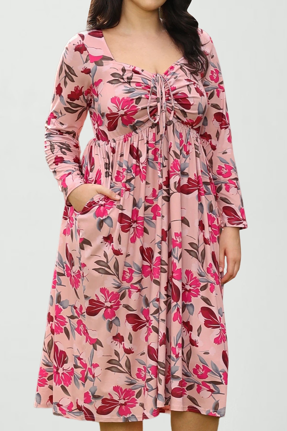 Ritera Pockets Floral Print Sweetheart Tie-Front Midi Dress