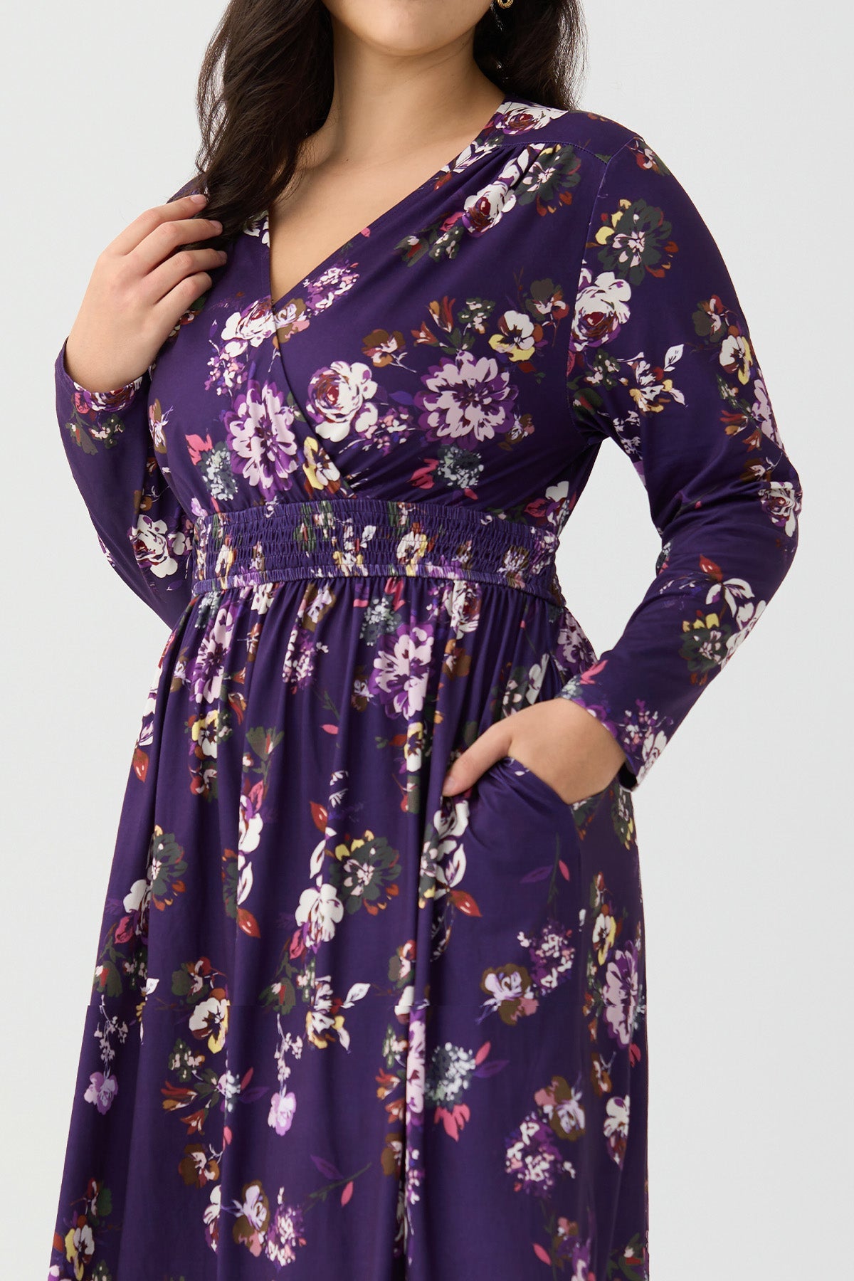 Ritera Pockets Floral Tartan Plaid Smocked Waist Midi Dress