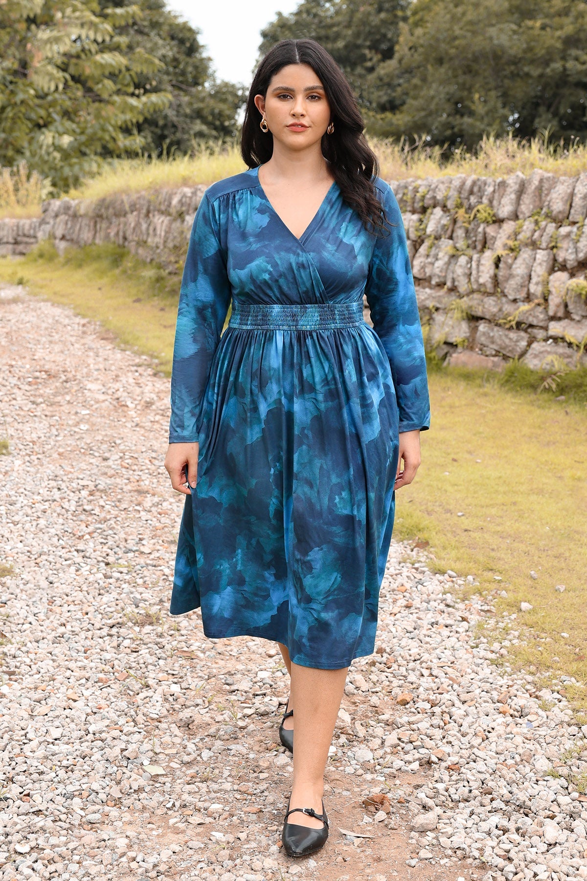 Ritera Pockets Floral Tartan Plaid Smocked Waist Midi Dress