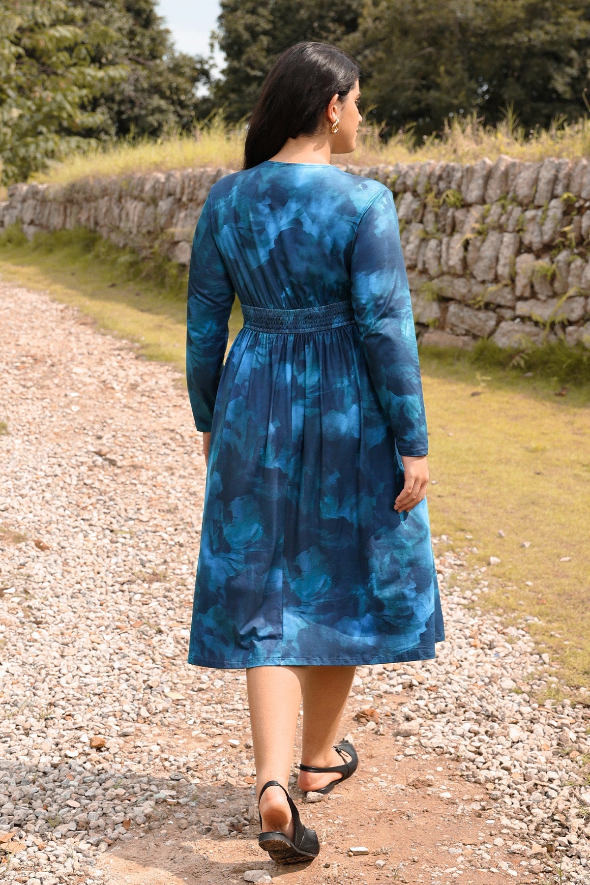 Ritera Pockets Floral Tartan Plaid Smocked Waist Midi Dress