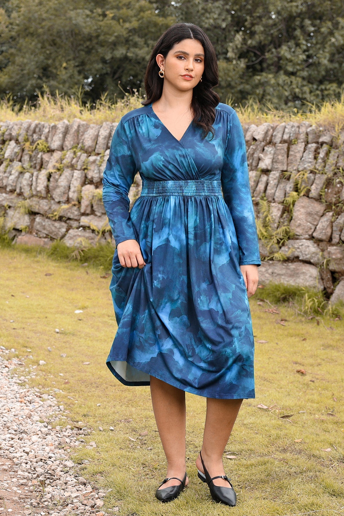 Ritera Pockets Floral Tartan Plaid Smocked Waist Midi Dress