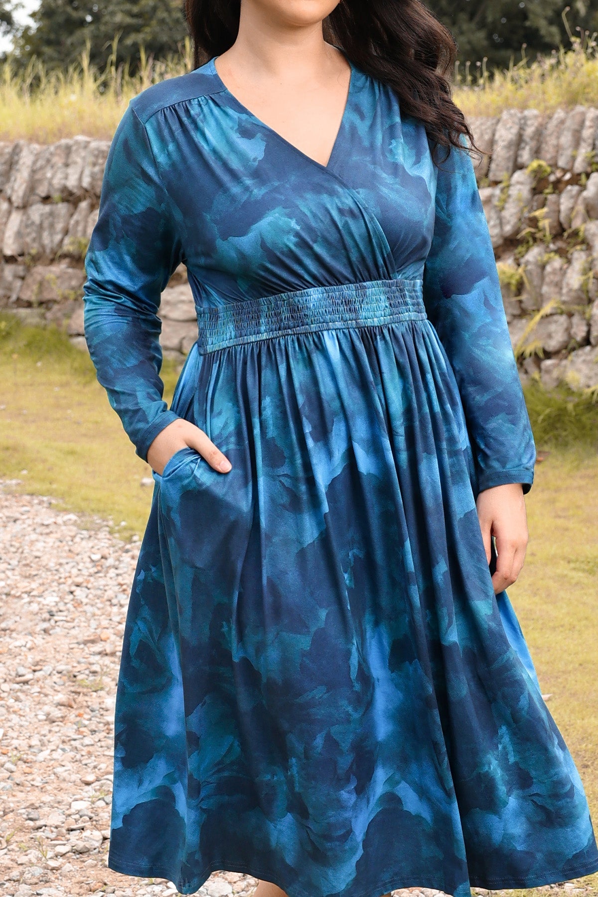 Ritera Pockets Blue Tie-Dye Floral Bohemian Midi Dress