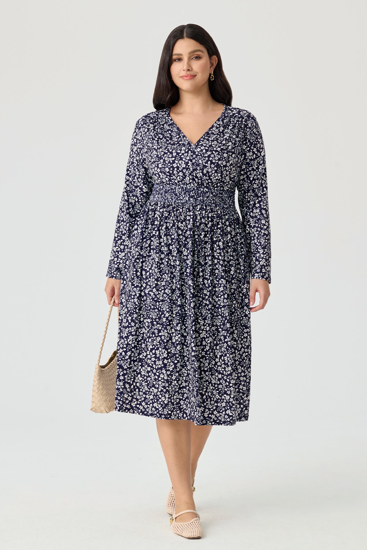 Ritera Pockets Floral Tartan Plaid Smocked Waist Midi Dress