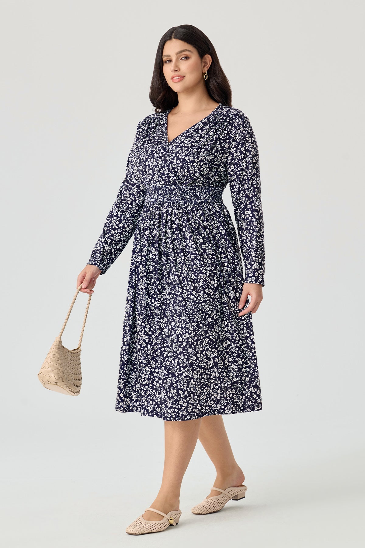 Ritera Pockets Floral Tartan Plaid Smocked Waist Midi Dress