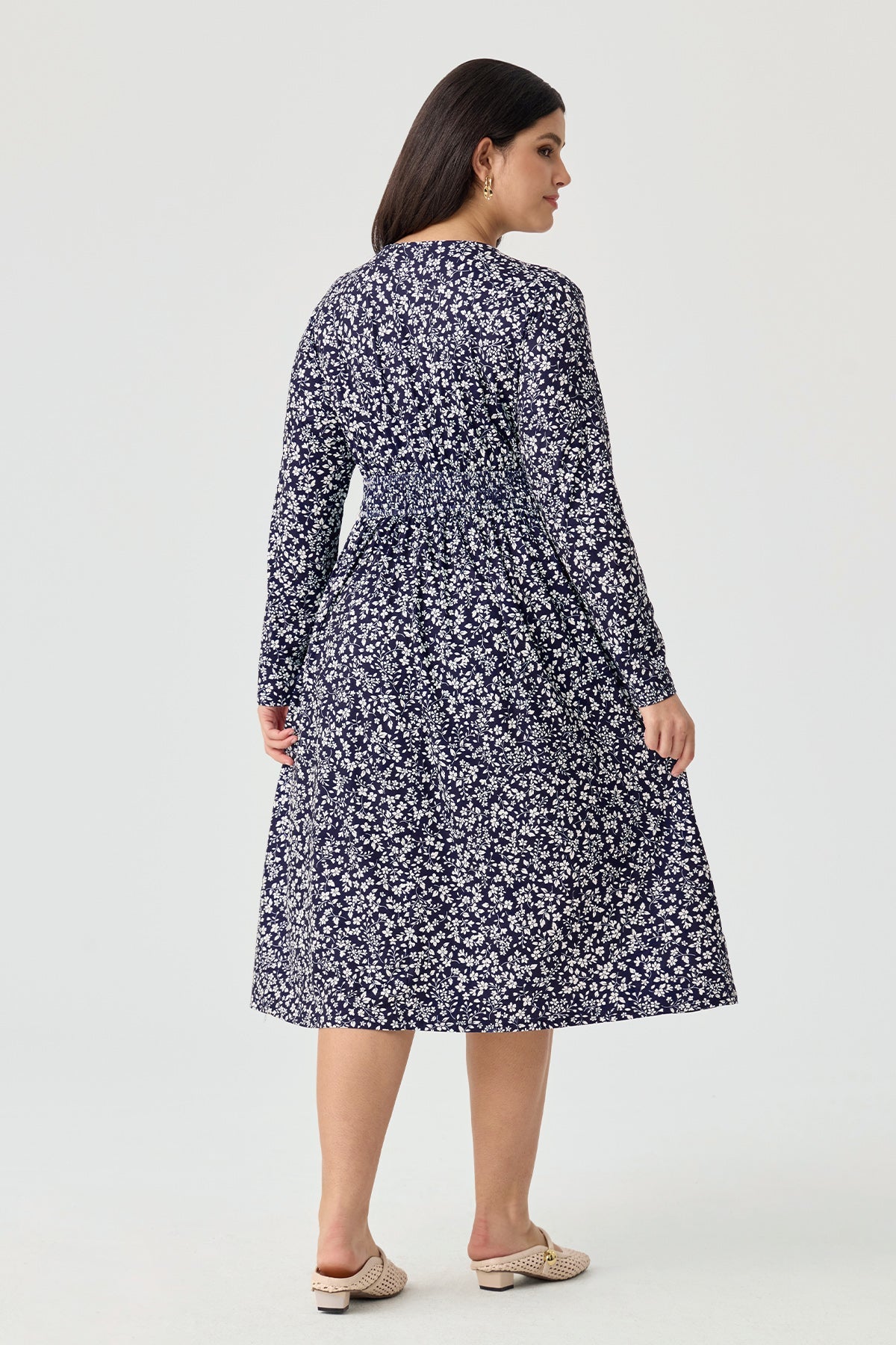 Ritera Pockets Floral Tartan Plaid Smocked Waist Midi Dress