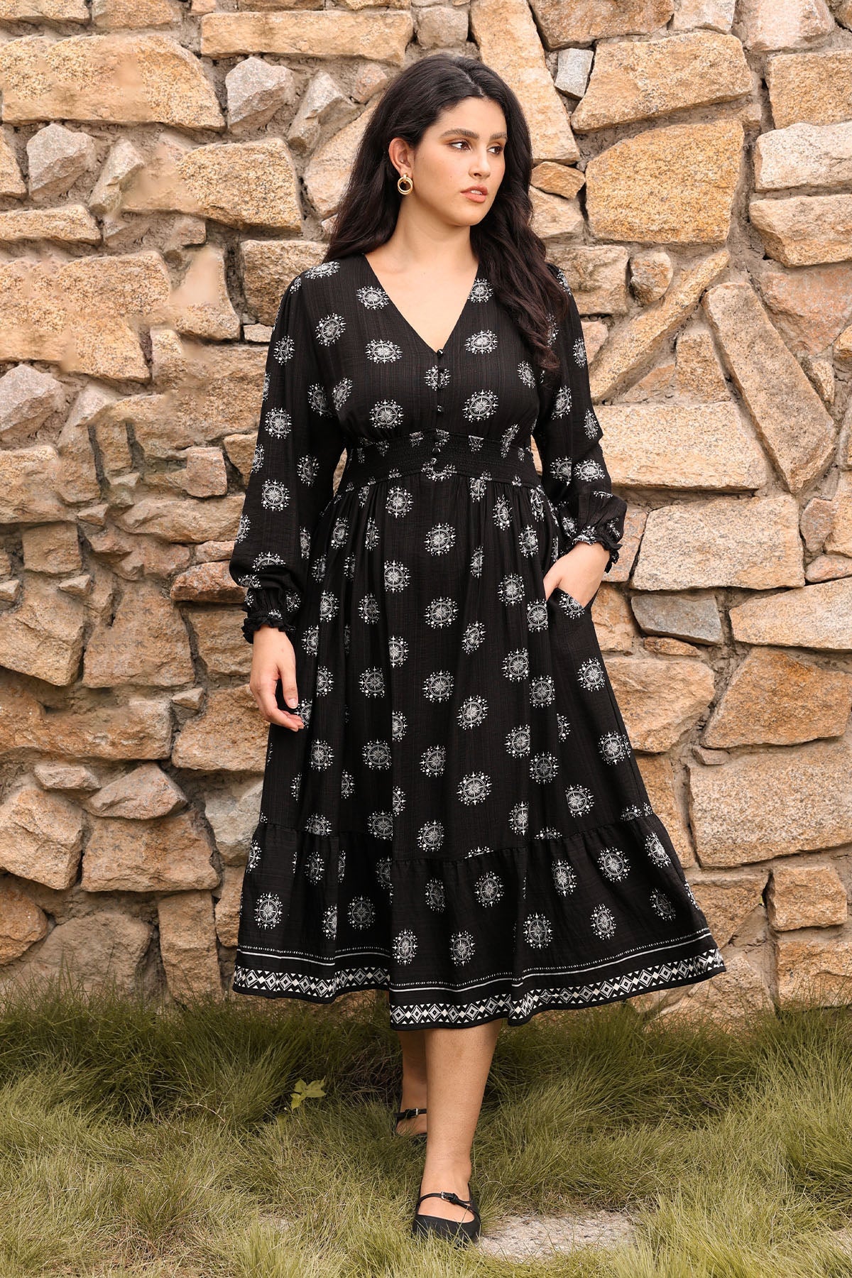 Ritera Pockets Bohemian Smocked A-Line Midi Dress