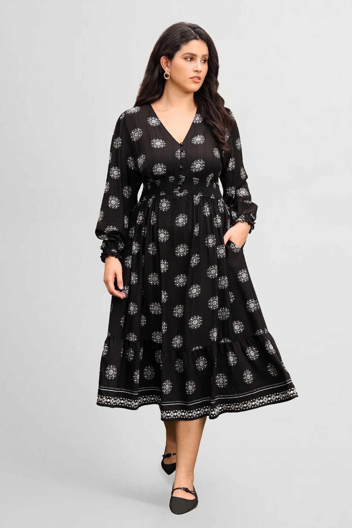 Ritera Pockets Bohemian Smocked A-Line Midi Dress