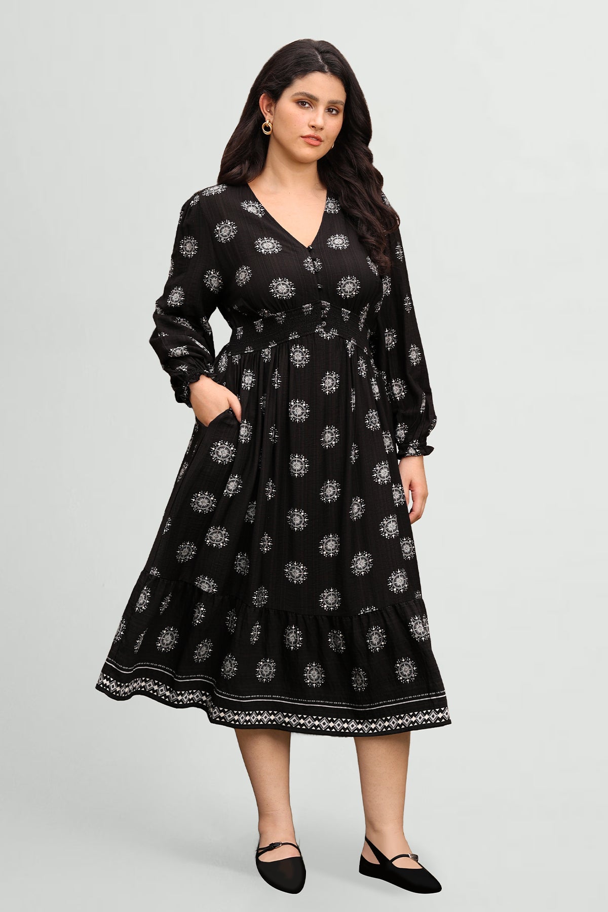 Ritera Pockets Bohemian Smocked A-Line Midi Dress