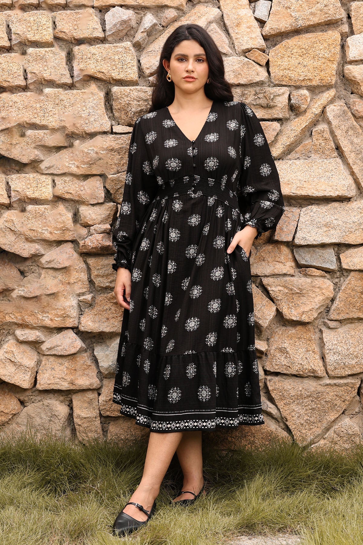 Ritera Pockets Bohemian Smocked A-Line Midi Dress