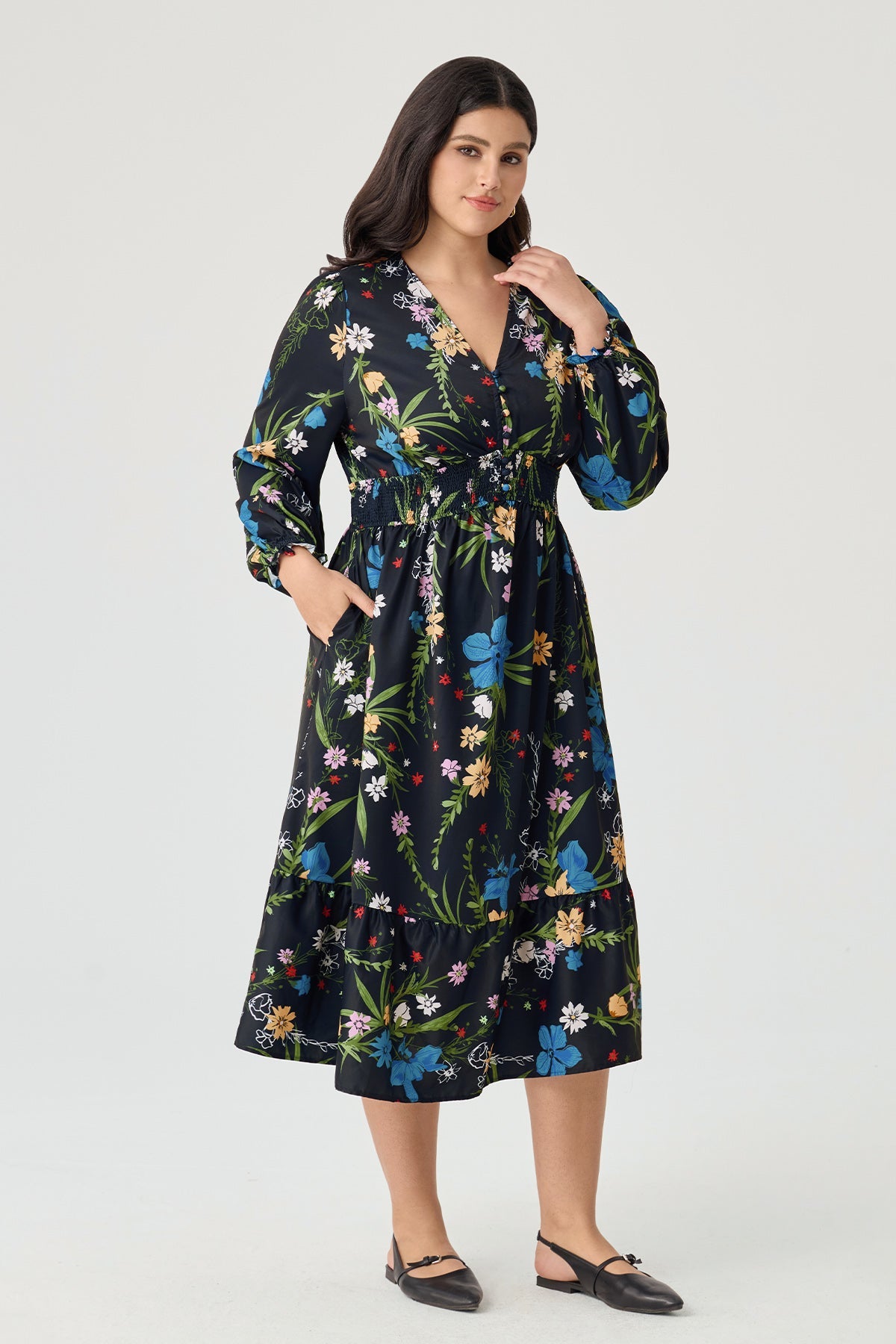 Ritera Pockets Bohemian Smocked A-Line Midi Dress