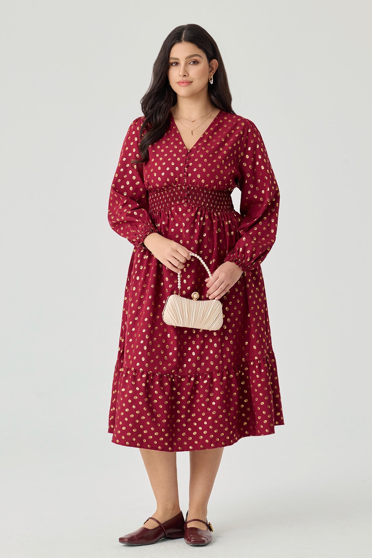 Ritera Pockets Polka Dot Smocked A-Line Midi Dress