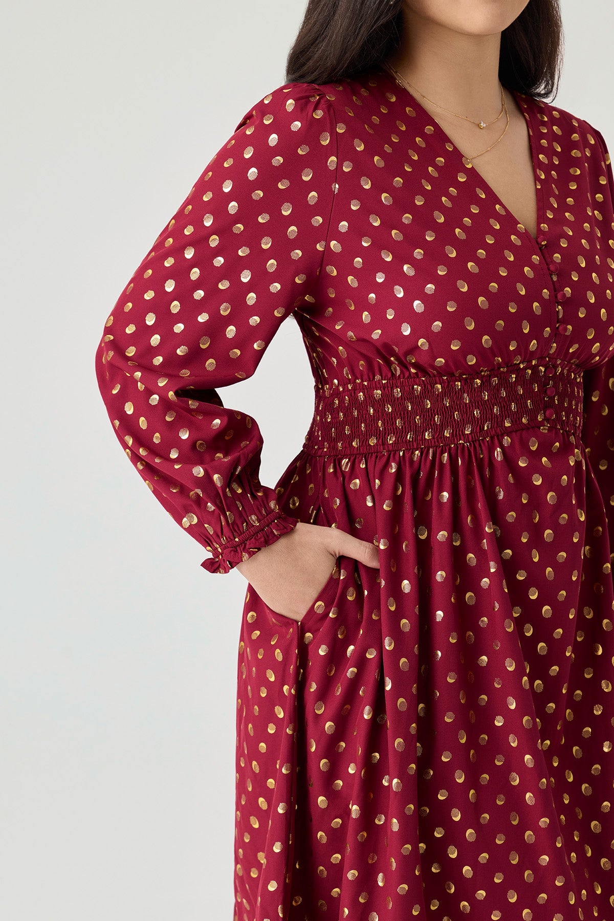 Ritera Pockets Polka Dot Smocked A-Line Midi Dress