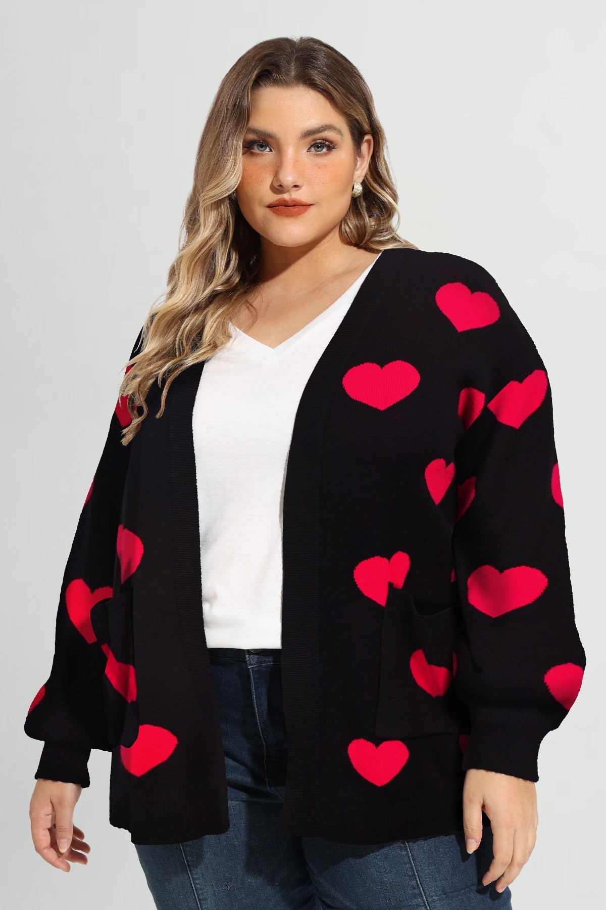Ritera Pockets Open Front Heart-Patterned Knit Cardigan