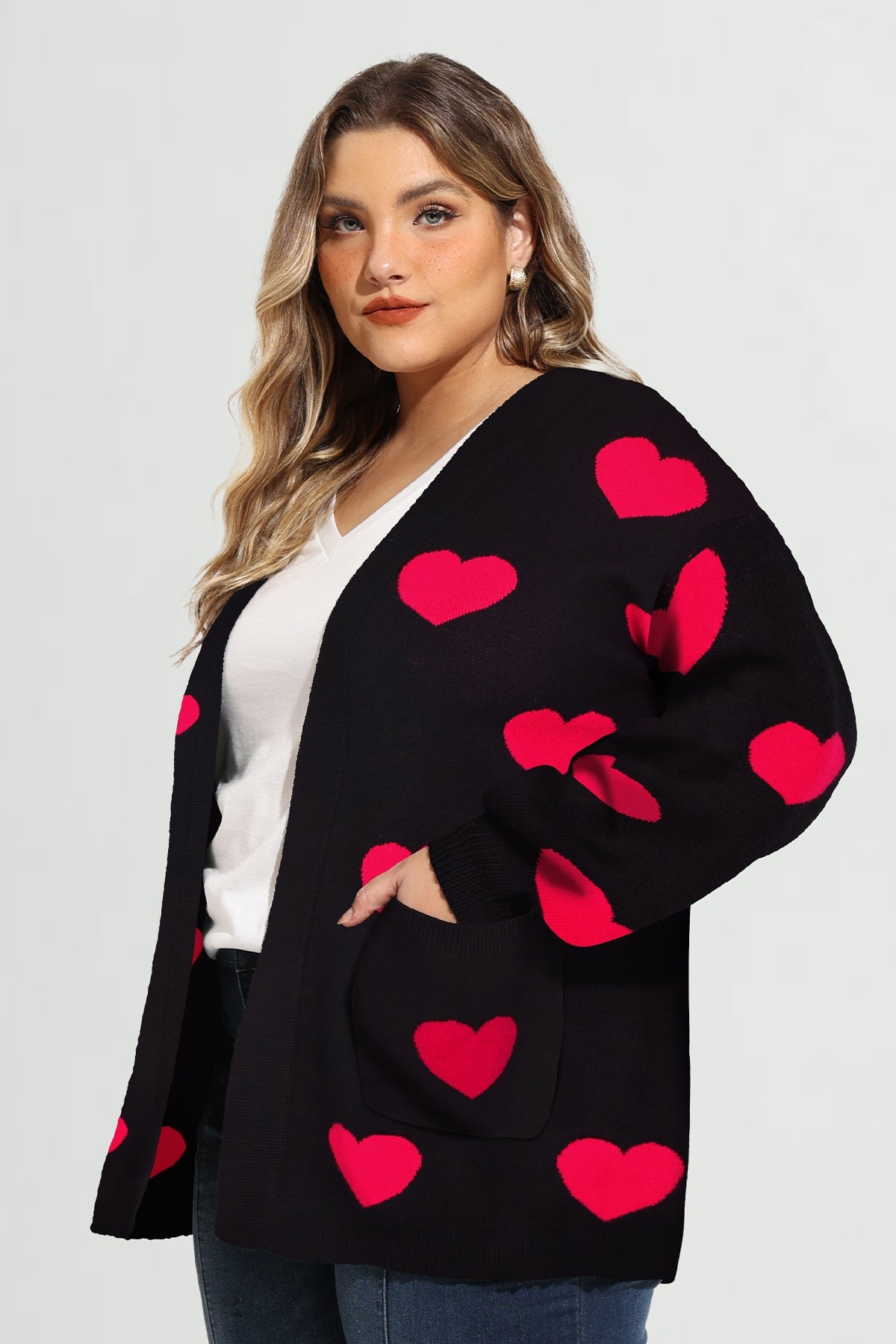 Ritera Pockets Open Front Heart-Patterned Knit Cardigan