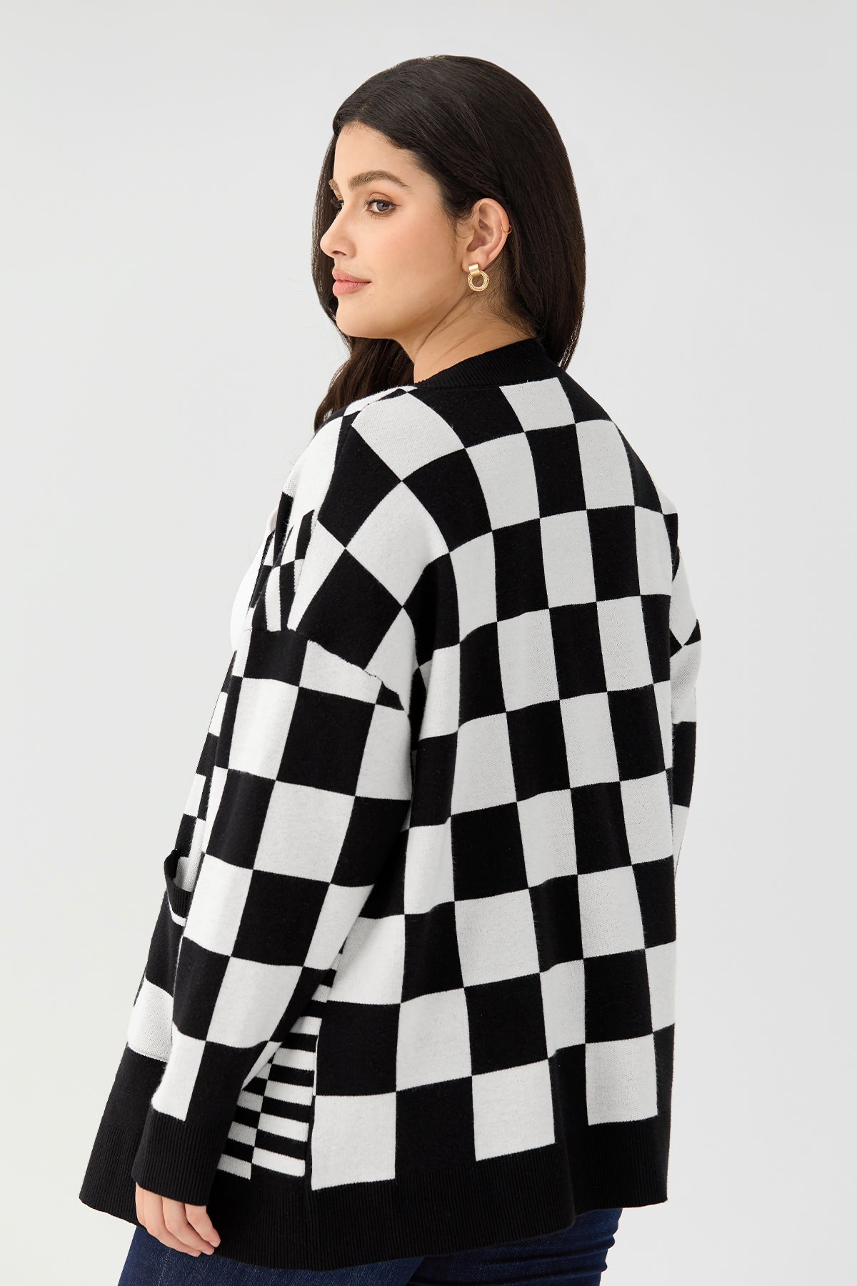 Ritera Pockets Checkerboard Open-Front Knit Cardigan
