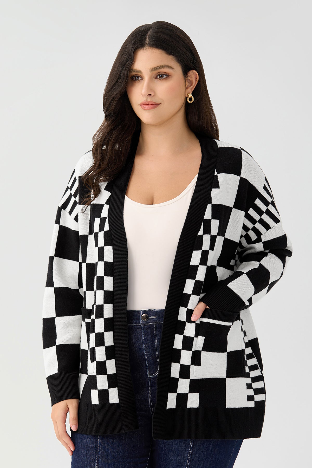 Ritera Pockets Checkerboard Open-Front Knit Cardigan