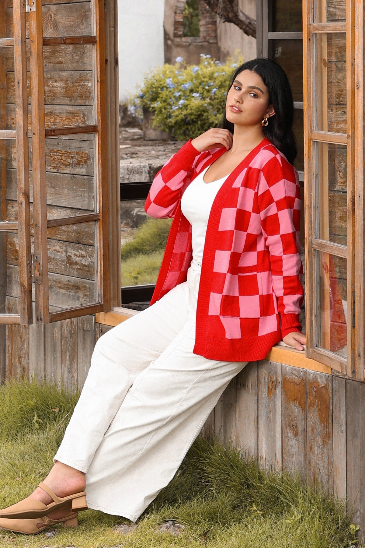 Ritera Pockets Open Front Checkered Knit Cardigan