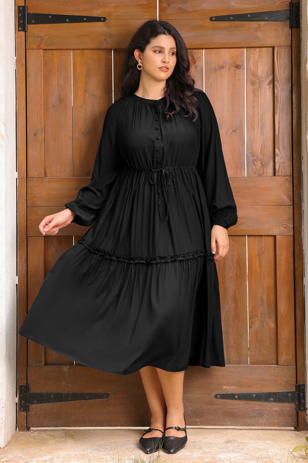 Ritera Pockets Navy Blue Drawstring Waist Tiered Midi Dress