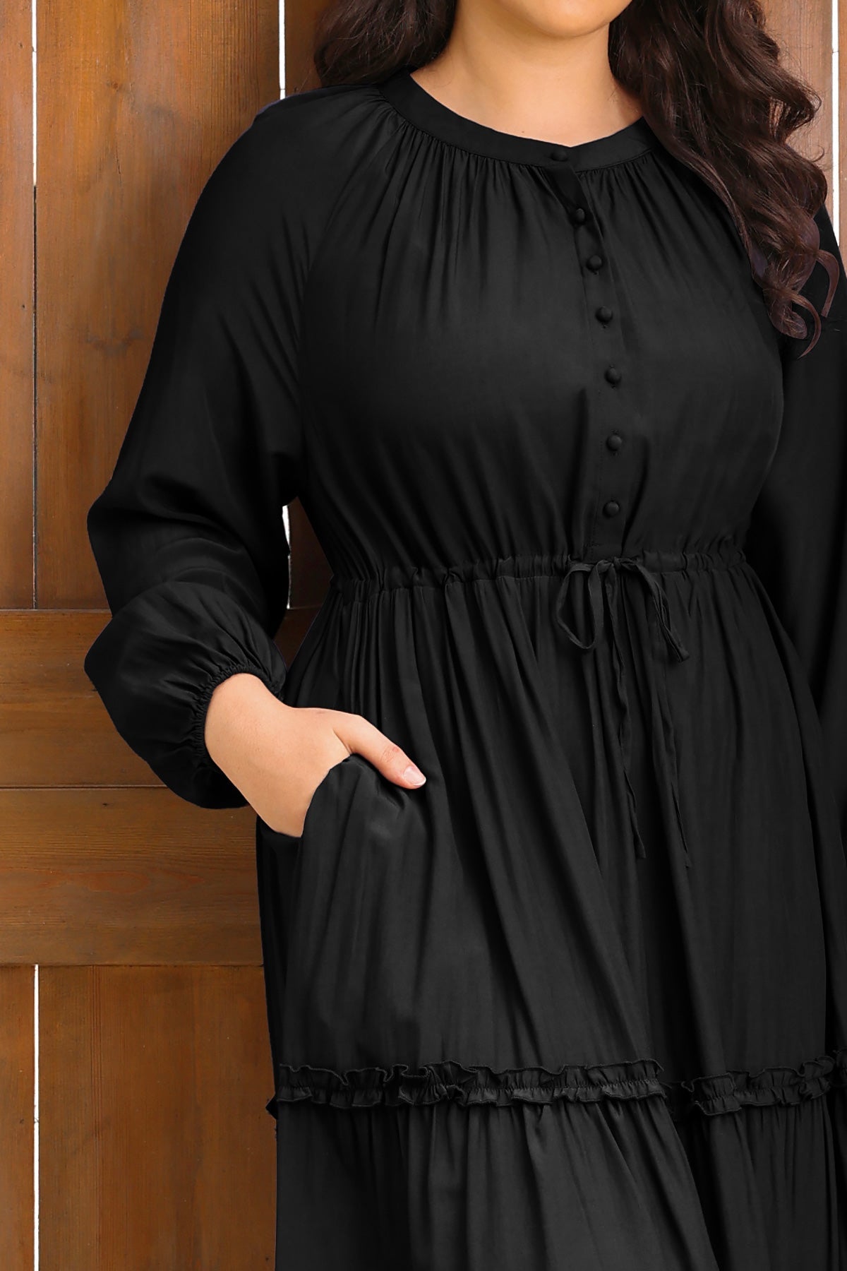 Ritera Pockets Navy Blue Drawstring Waist Tiered Midi Dress