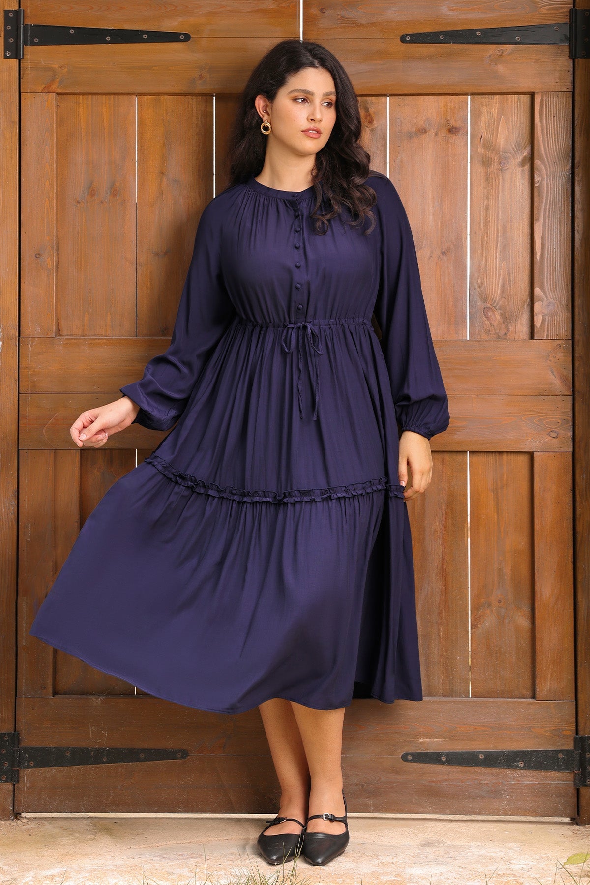 Ritera Pockets Navy Blue Drawstring Waist Tiered Midi Dress