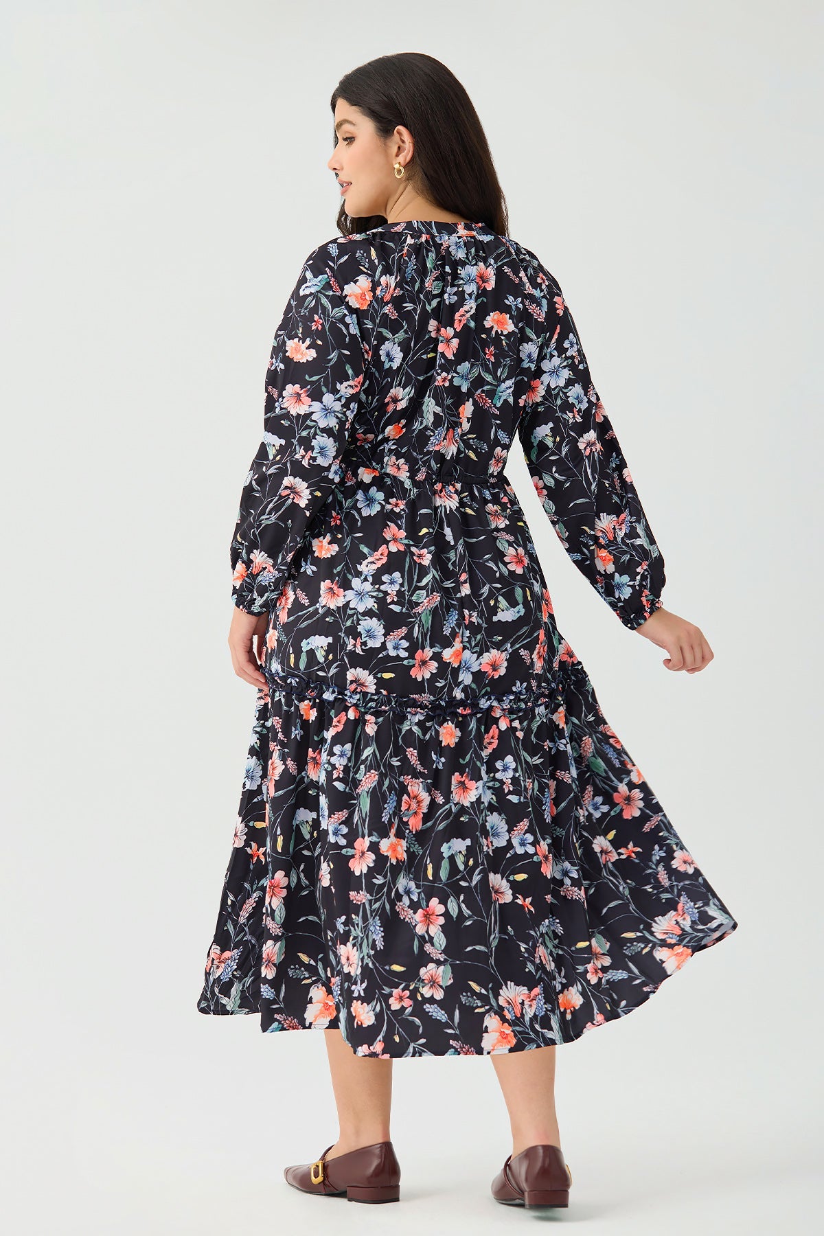 Ritera Pockets Star Floral Print Drawstring Waist Tiered Midi Dress