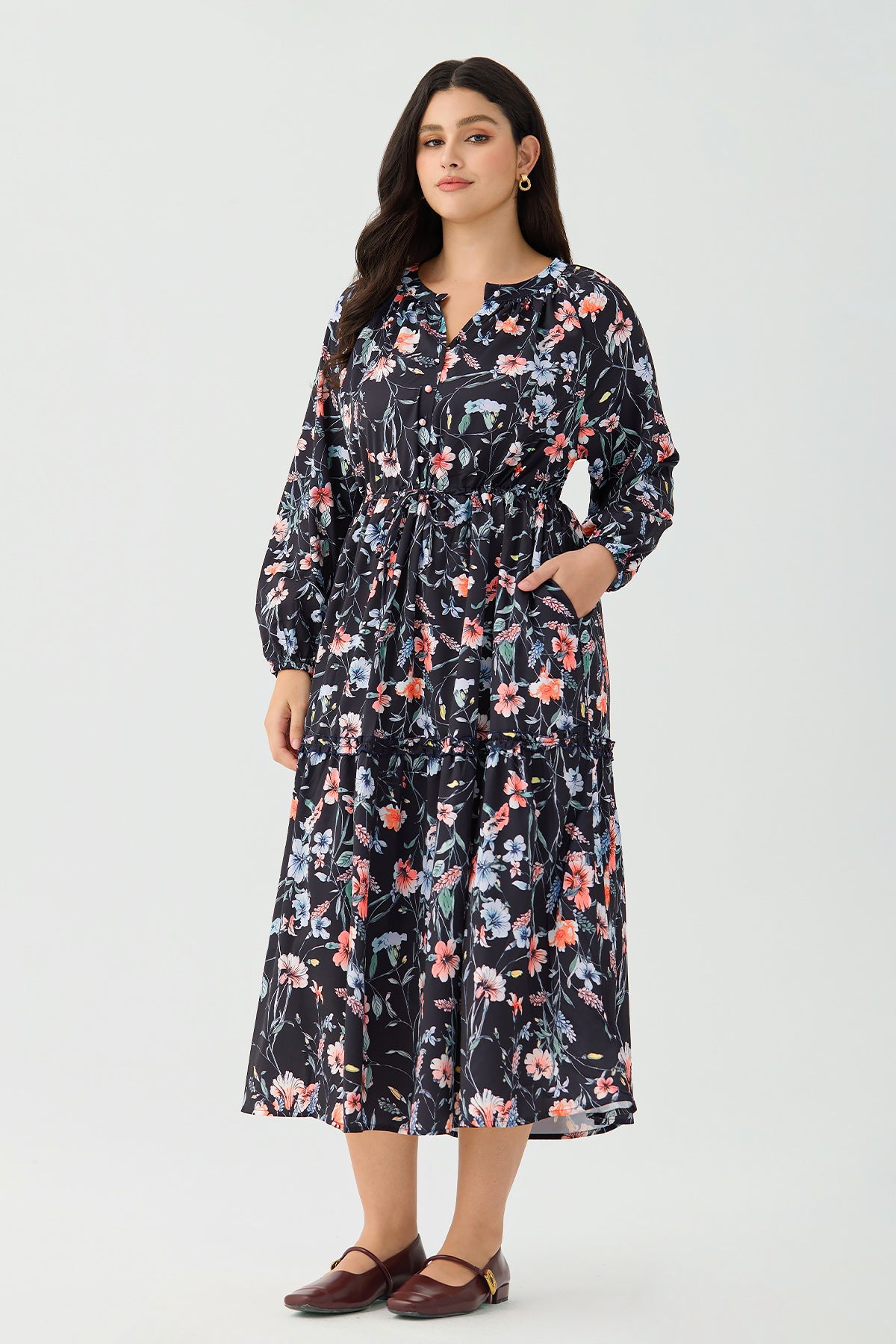 Ritera Pockets Star Floral Print Drawstring Waist Tiered Midi Dress