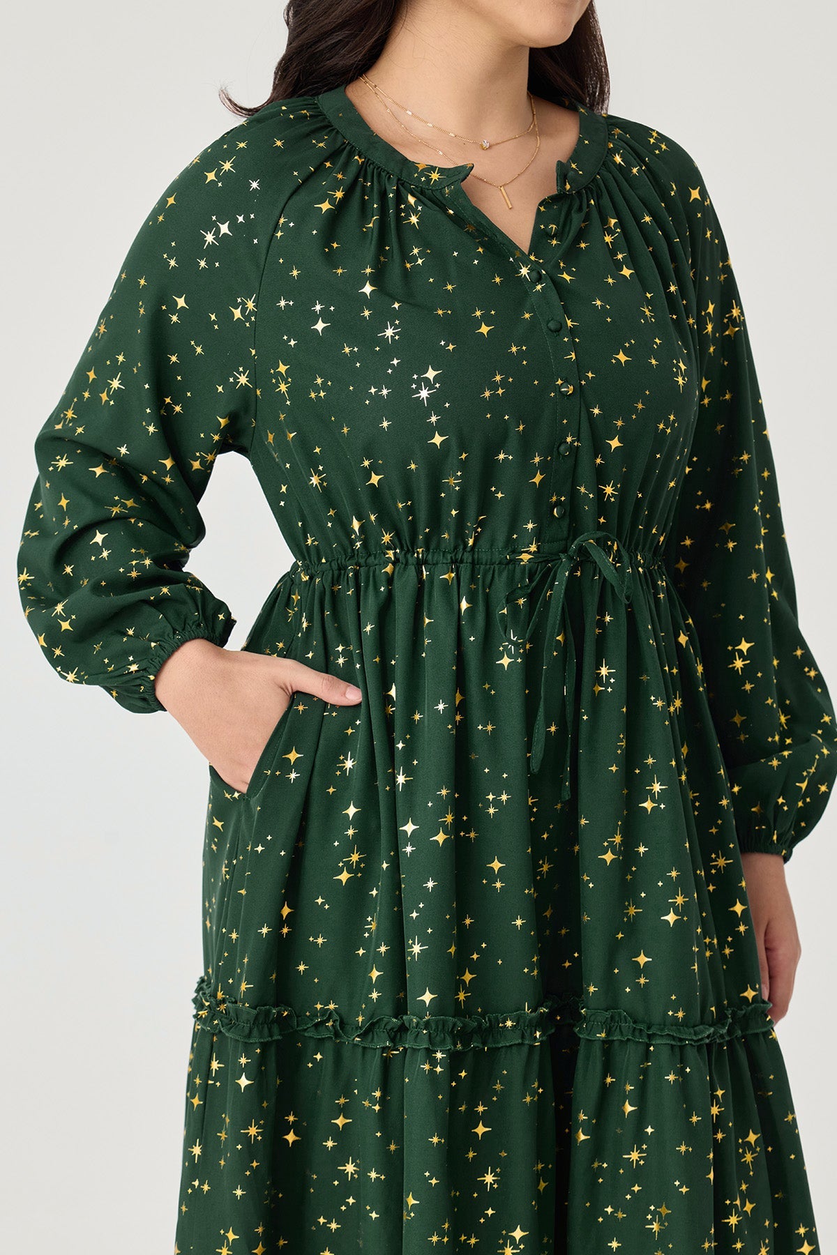 Ritera Pockets Star Floral Print Drawstring Waist Tiered Midi Dress