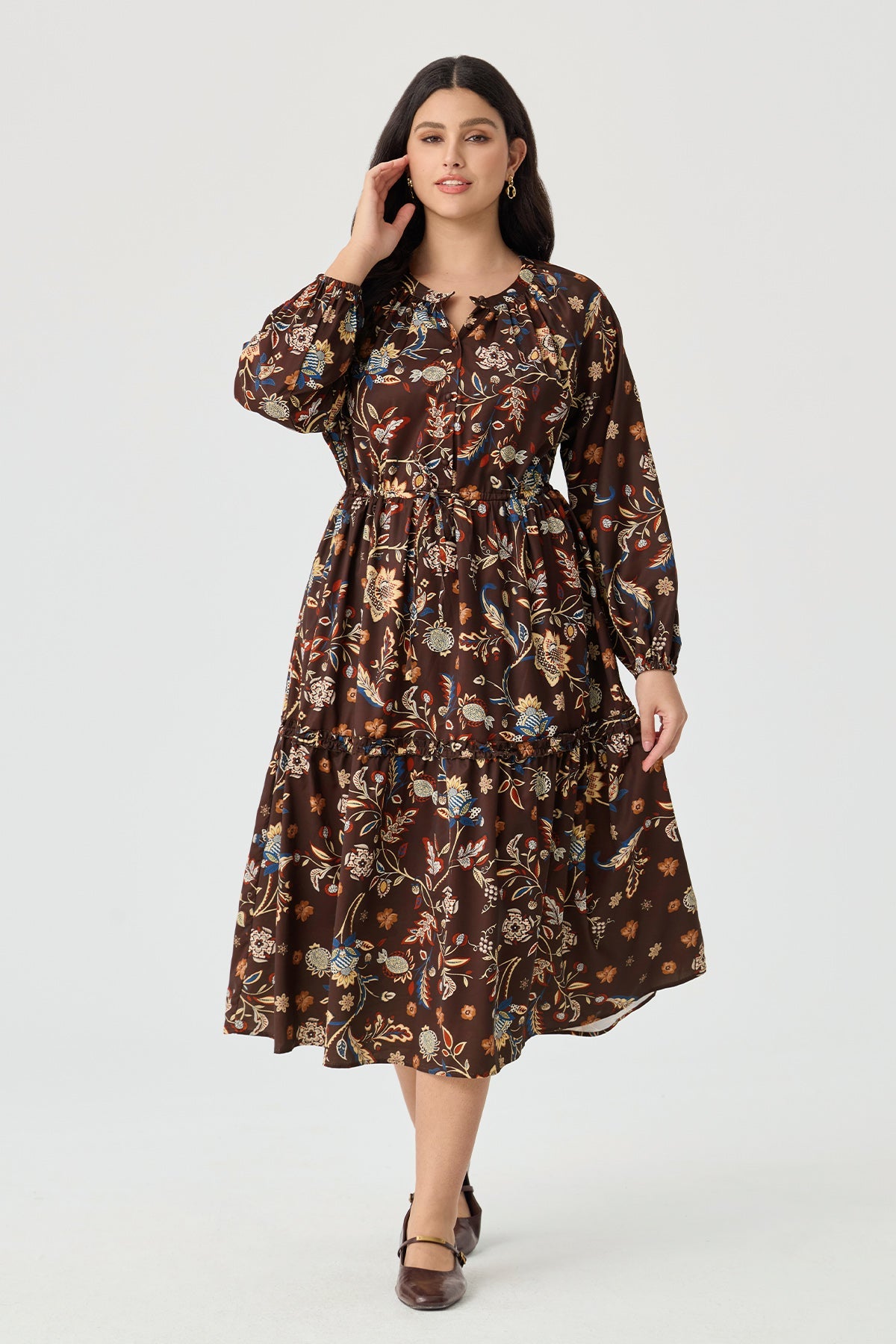 Ritera Pockets Star Floral Print Drawstring Waist Tiered Midi Dress