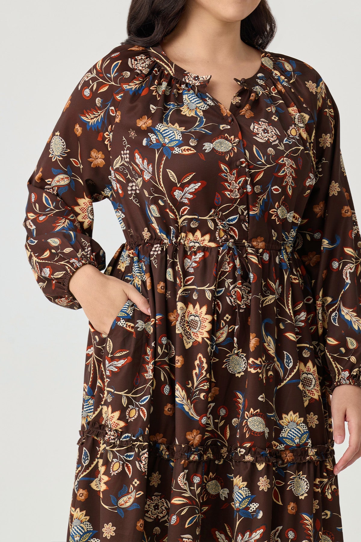 Ritera Pockets Star Floral Print Drawstring Waist Tiered Midi Dress