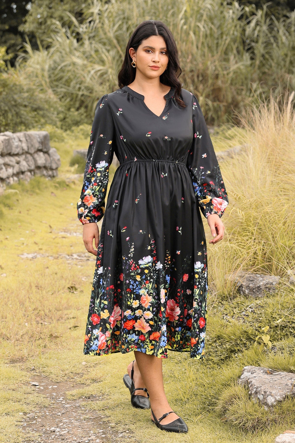 Ritera Pockets Cinched Waist A-Line Floral-Print Midi Dress