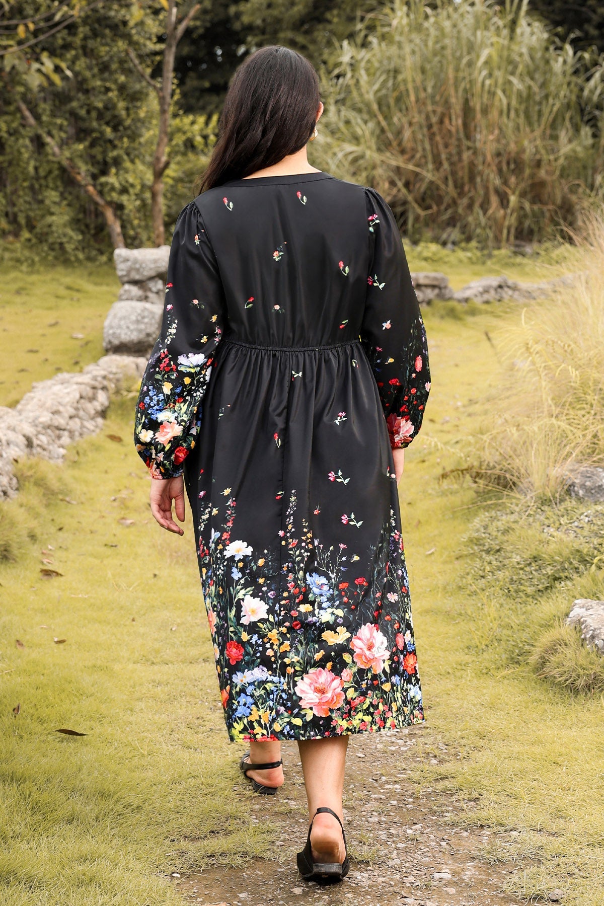 Ritera Pockets Cinched Waist A-Line Floral-Print Midi Dress