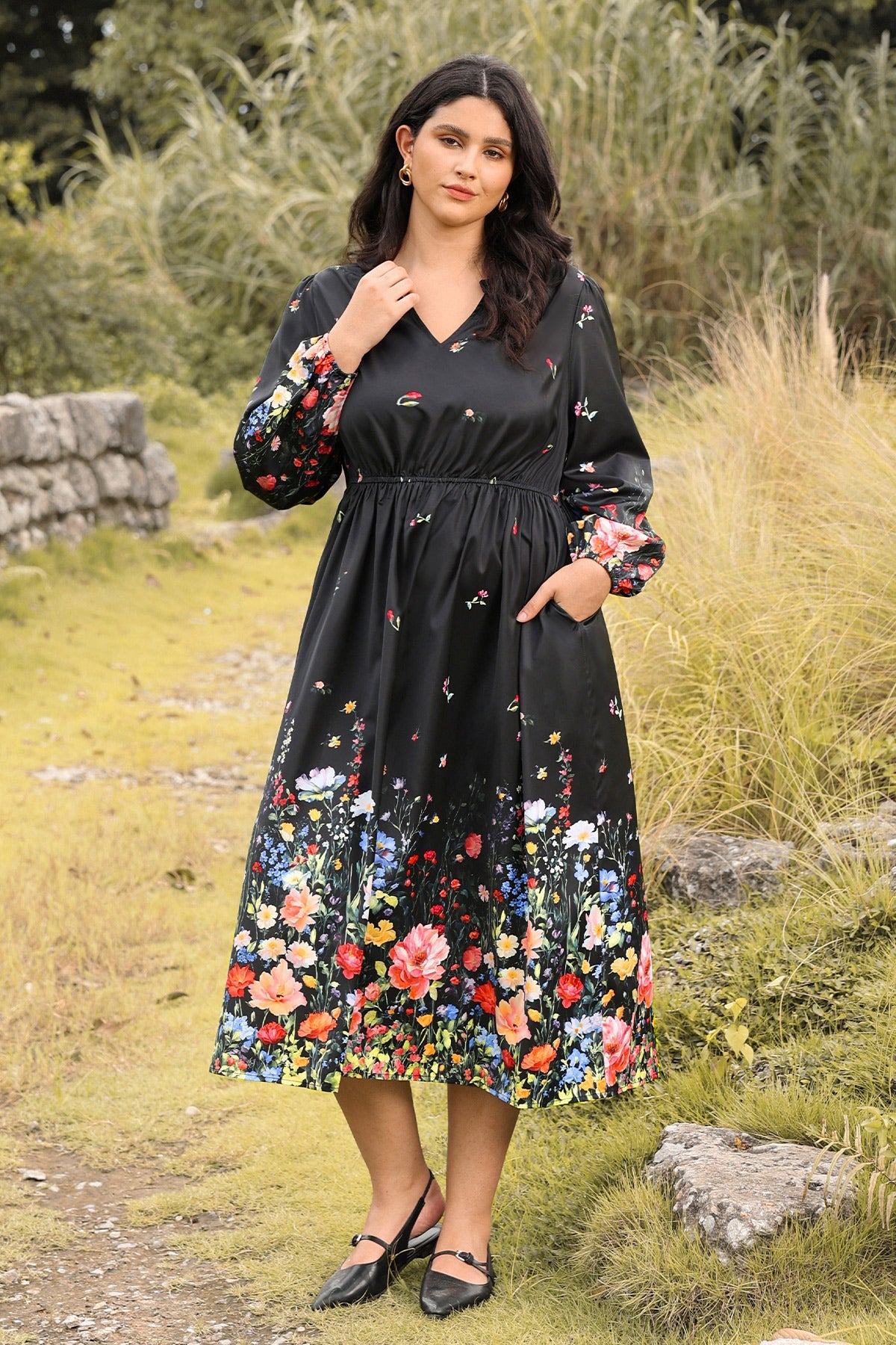 Ritera Pockets Cinched Waist A-Line Floral-Print Midi Dress