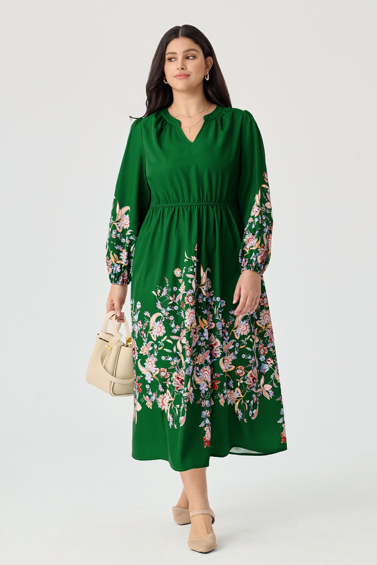 Floral Printed V Neck Long Sleeve Midi Dress