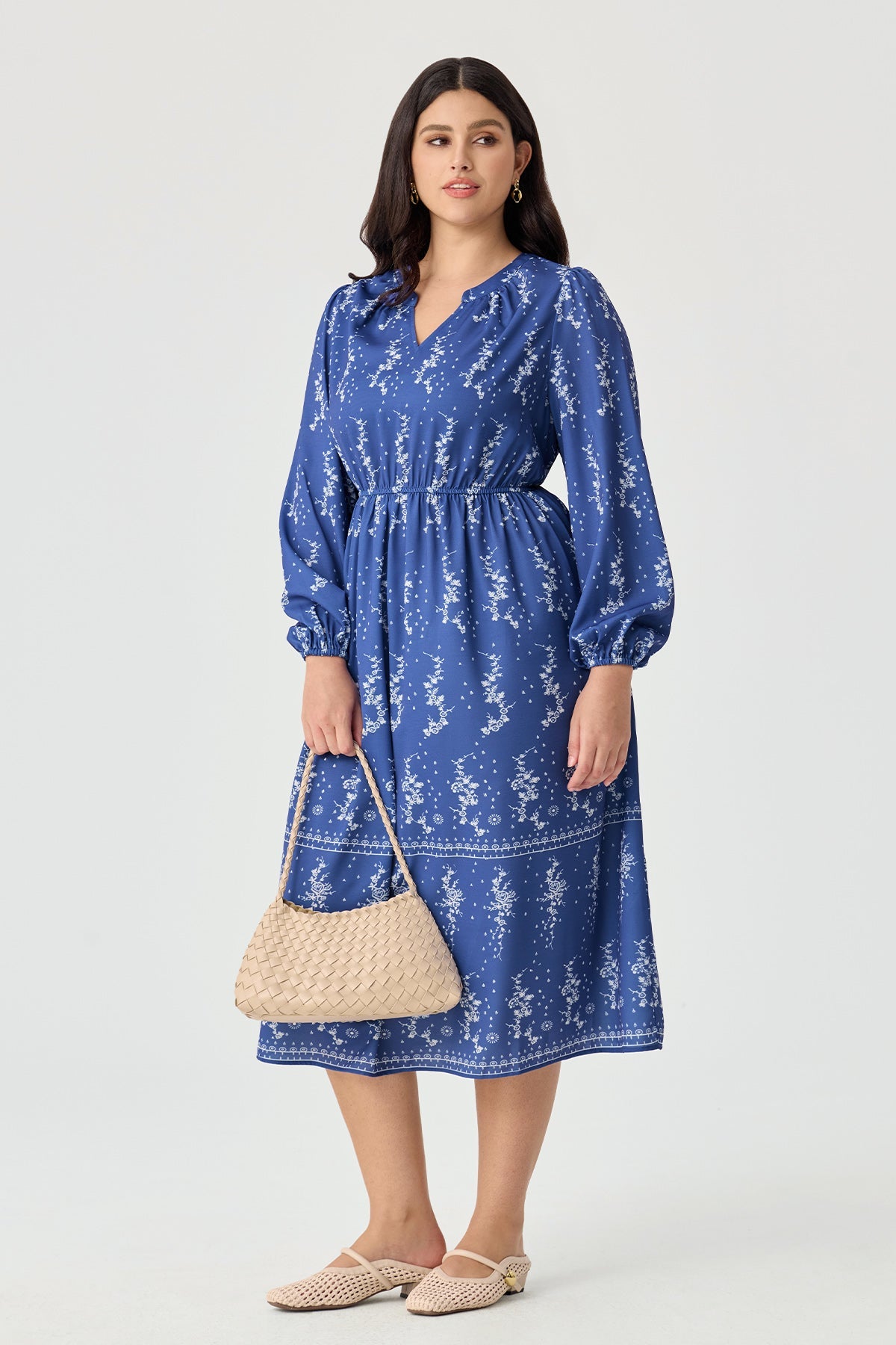 Floral Print V Neck Balloon Sleeve Smocked Waist Midi Dress