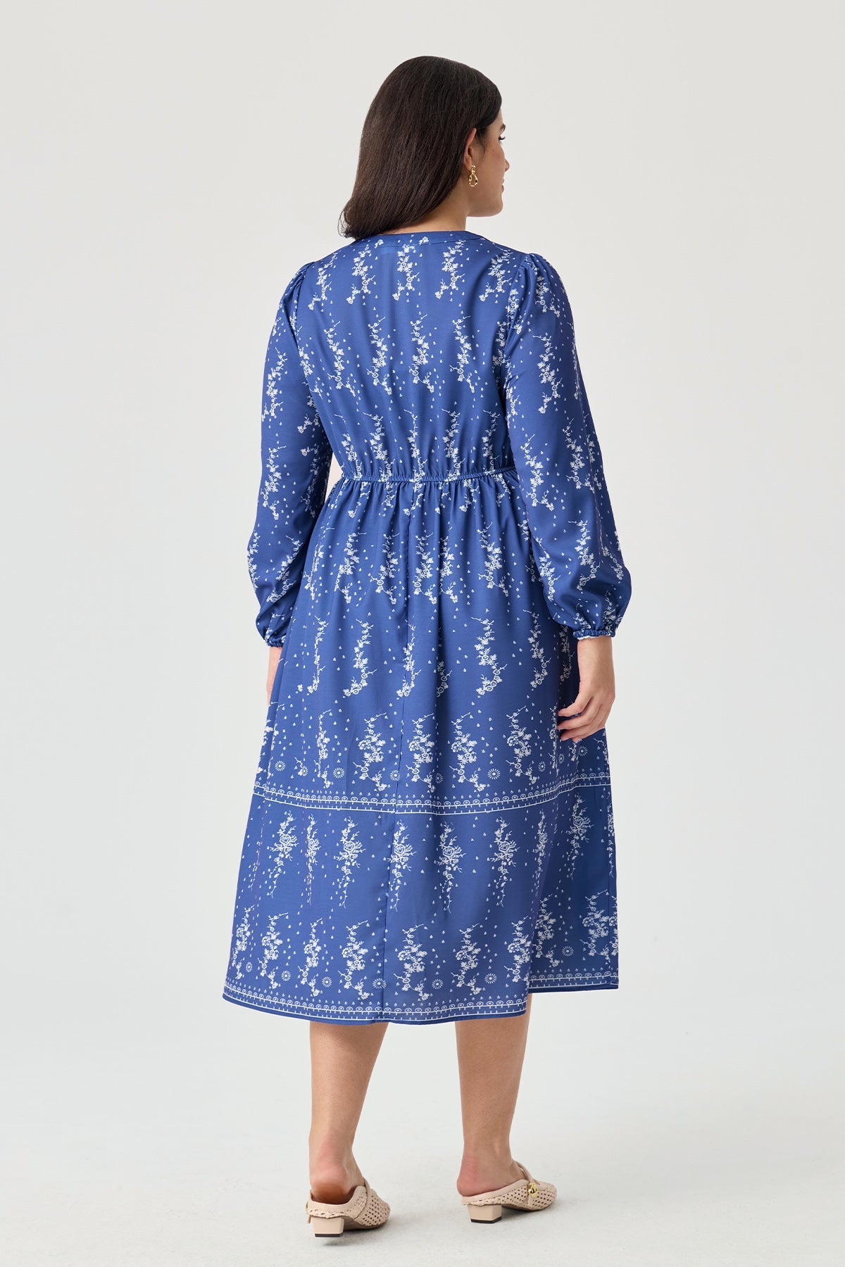 Floral Print V Neck Balloon Sleeve Smocked Waist Midi Dress