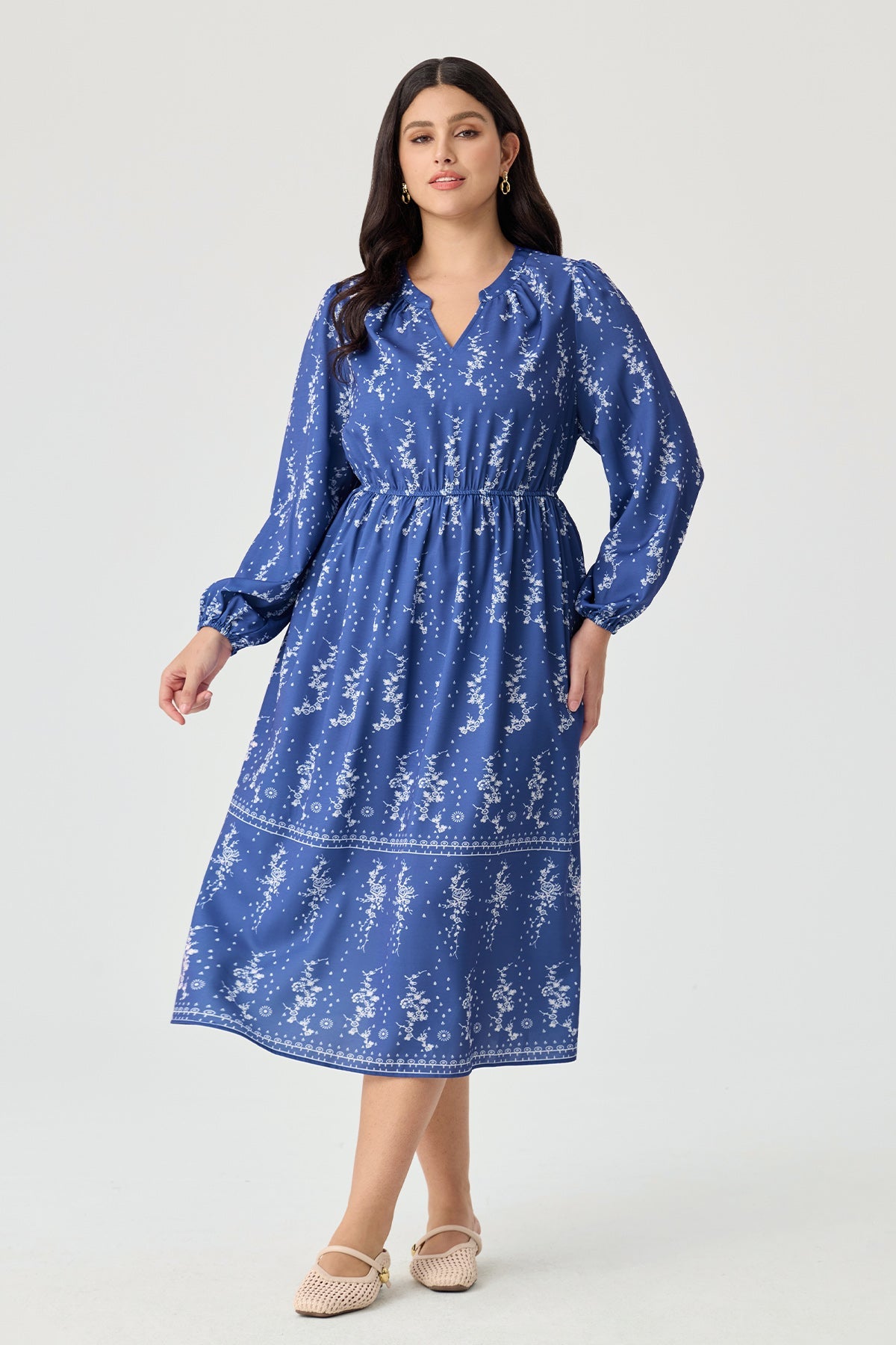 Floral Print V Neck Balloon Sleeve Smocked Waist Midi Dress