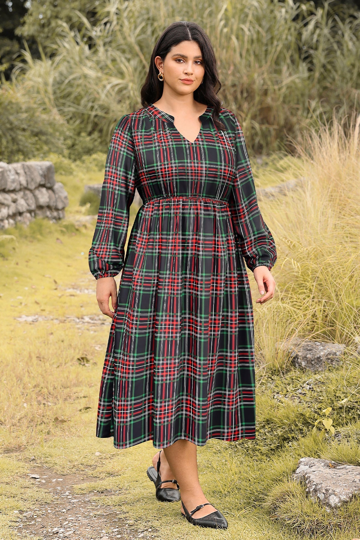 Ritera Pockets Cinched Waist A-Line Plaid-Print Midi Dress