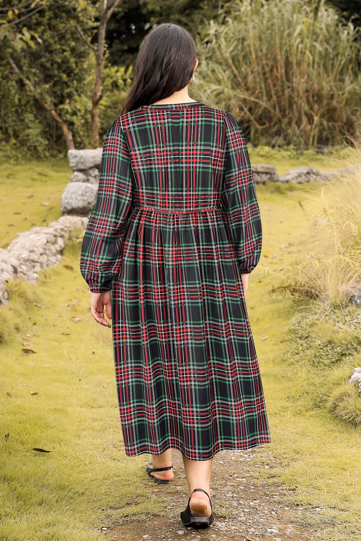 Ritera Pockets Cinched Waist A-Line Plaid-Print Midi Dress