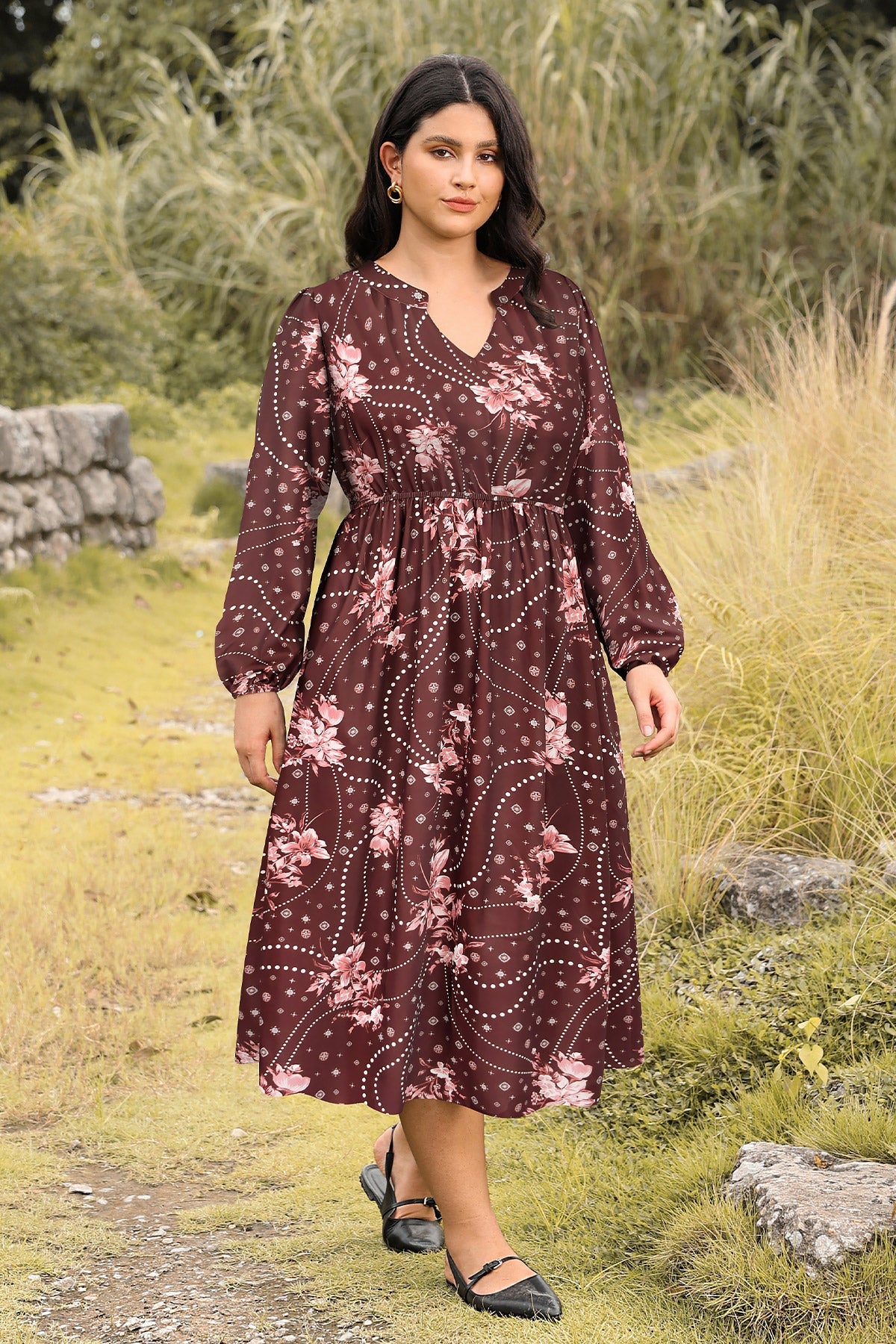 Ritera Pockets Cinched Waist A-Line Floral-Print Midi Dress