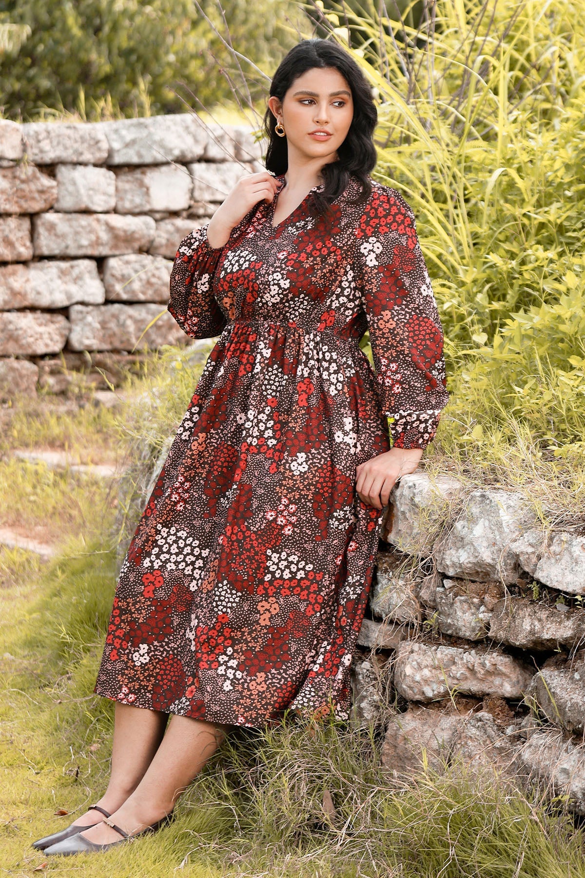 Ritera Pockets Cinched Waist A-Line Floral-Print Midi Dress