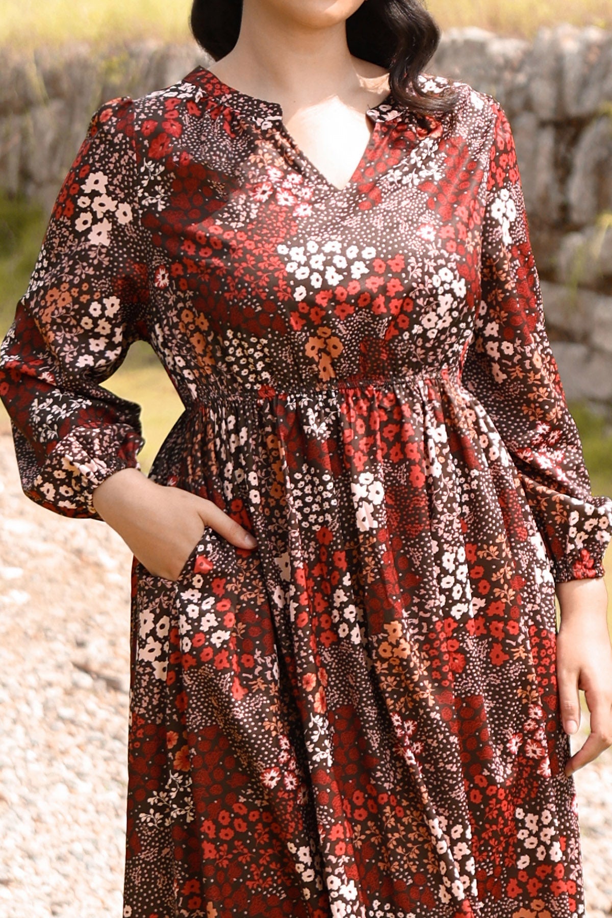 Ritera Pockets Cinched Waist A-Line Floral-Print Midi Dress