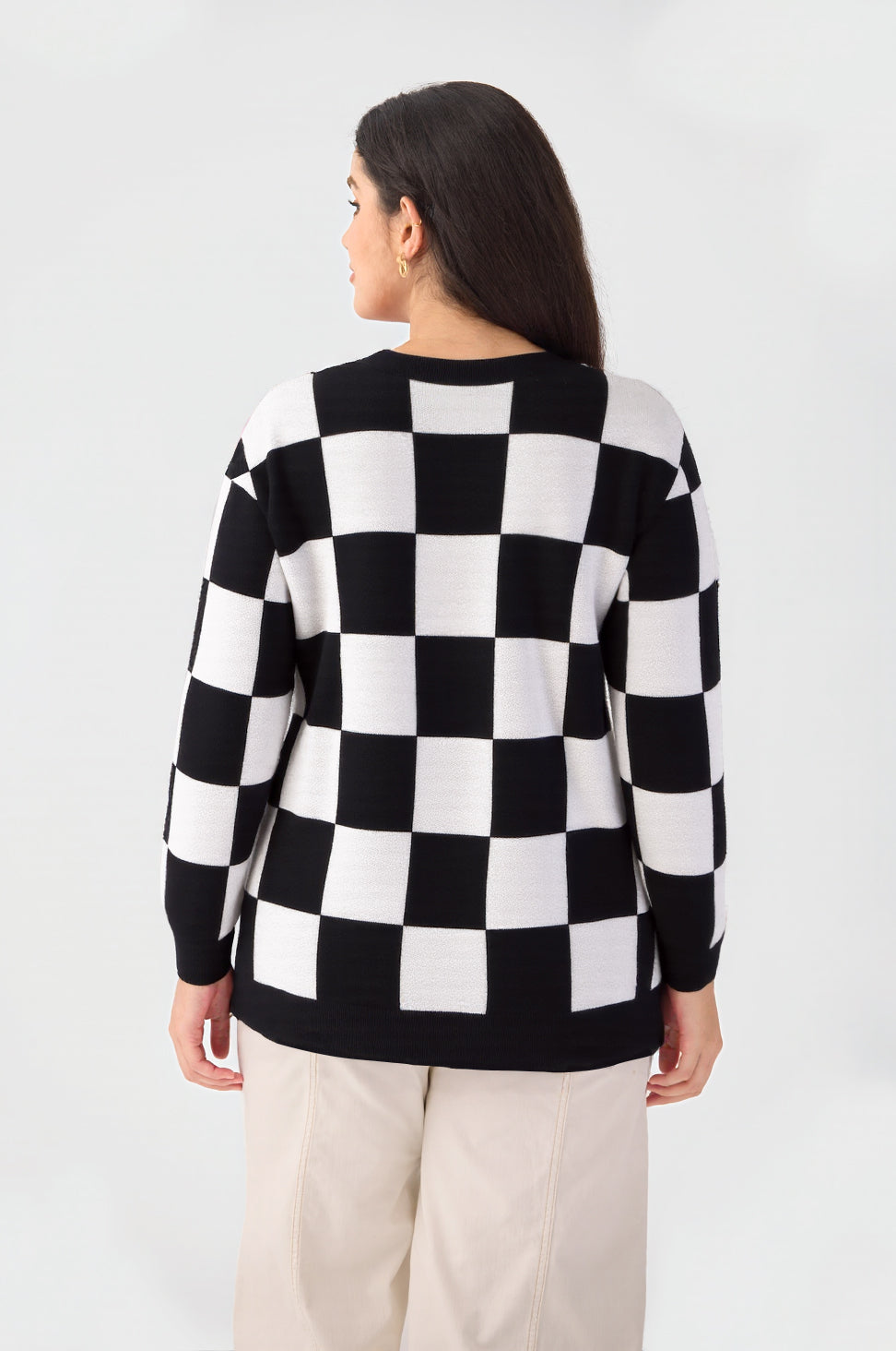 Ritera Checkerboard V-Neck Cozy Knit Pullover Sweater