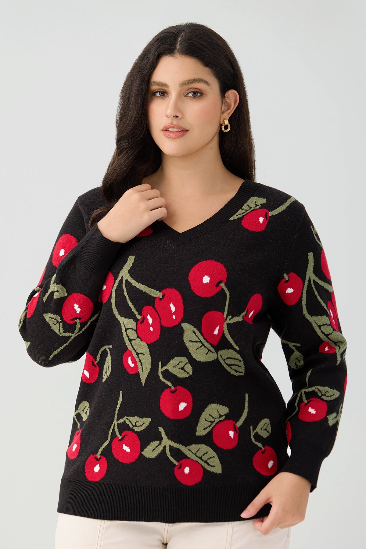 Ritera Retro Cherry V-Neck Knitwear Pullover Sweater