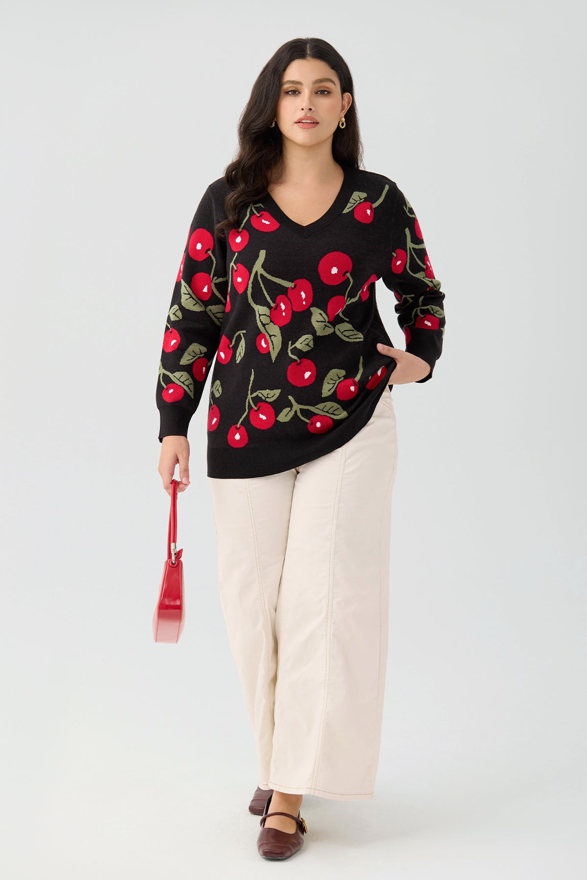 Ritera Retro Cherry V-Neck Knitwear Pullover Sweater